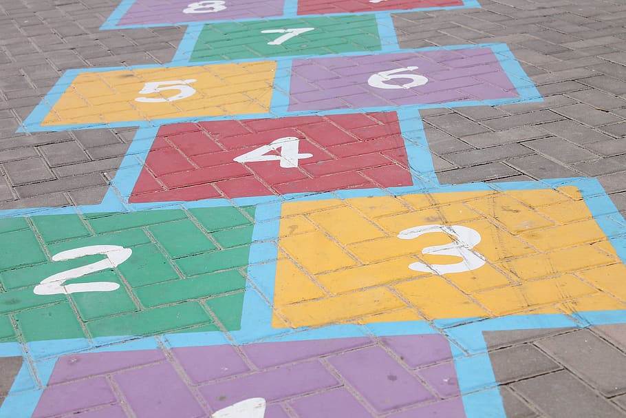 hopscotch, steps, numbers, two, three, four, five, six, seven, multi colored