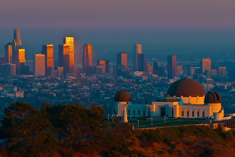 Observatorio Griffith, Los Ángeles, puesta de sol, California, centro de la ciudad, paisaje urbano, observatorio, horizonte, anochecer, estructura construida