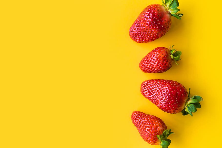 strawberries, yellow, background, flat design, food, foodie, fresh, fruits, health, healthy
