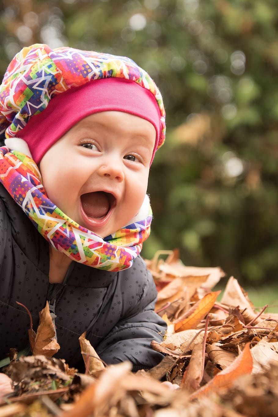 child, baby, human, laugh, girl, happy, concerns, leaves, autumn, scarf