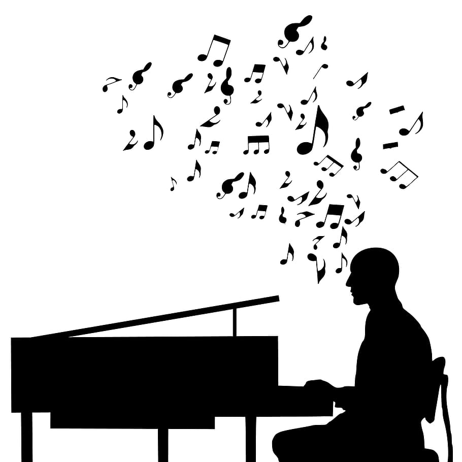 ilustración, músico, piano., silueta., piano, reproductor, jazz, música, silueta, acústica