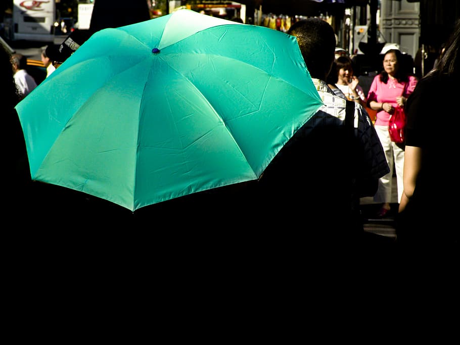 verde, guarda chuva, multidão, pessoas, pedestres, proteção, mulheres, adulto, em pé, exploração