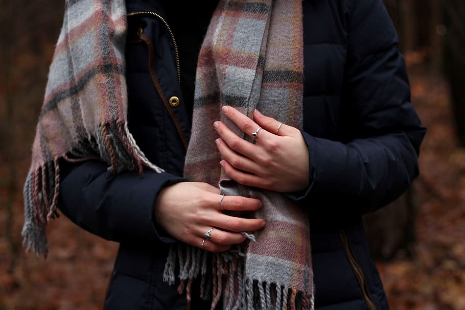person, human, woman, young, body, upper body, jacket, scarf, hand, hands
