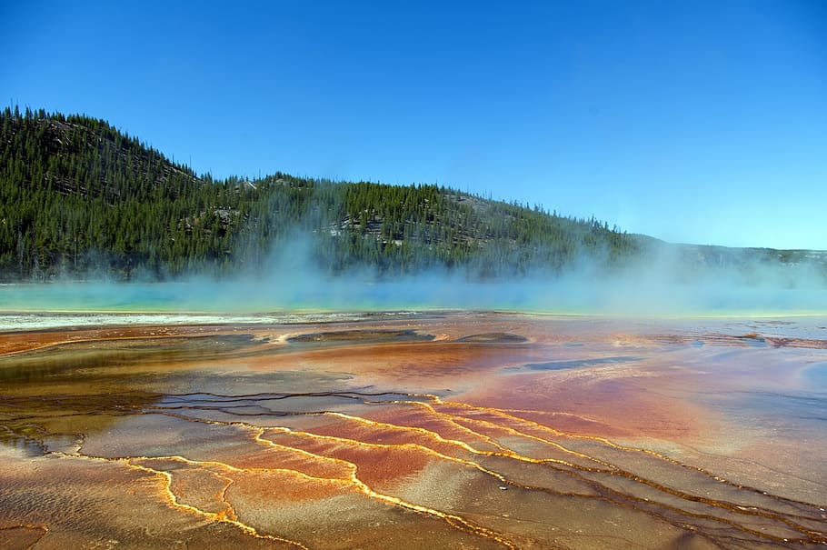 vapors over grand prismatic spring, spring, prismatic, color, yellowstone, national, park, wyoming, spectrum, thermal