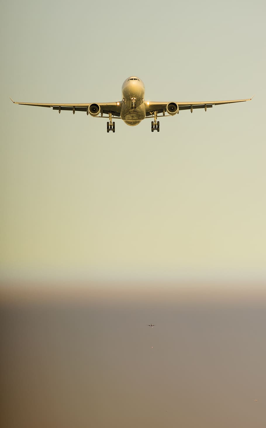 plane, land, airport, aircraft, sky, fly, wing, clouds, landing, setting sun