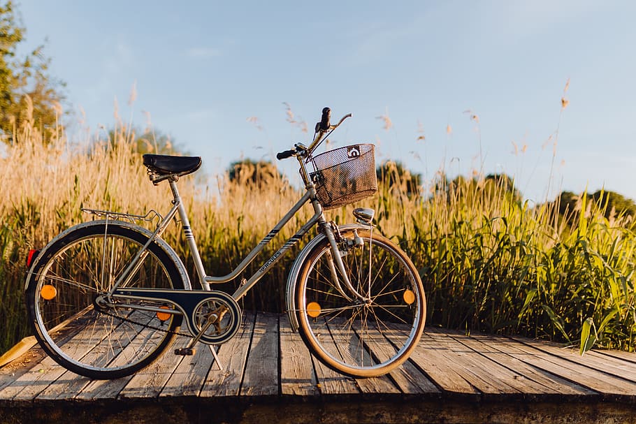bicicleta, cesta, muelle, brillante, luz del atardecer, tarde, vacaciones, al aire libre, puesta del sol, viaje