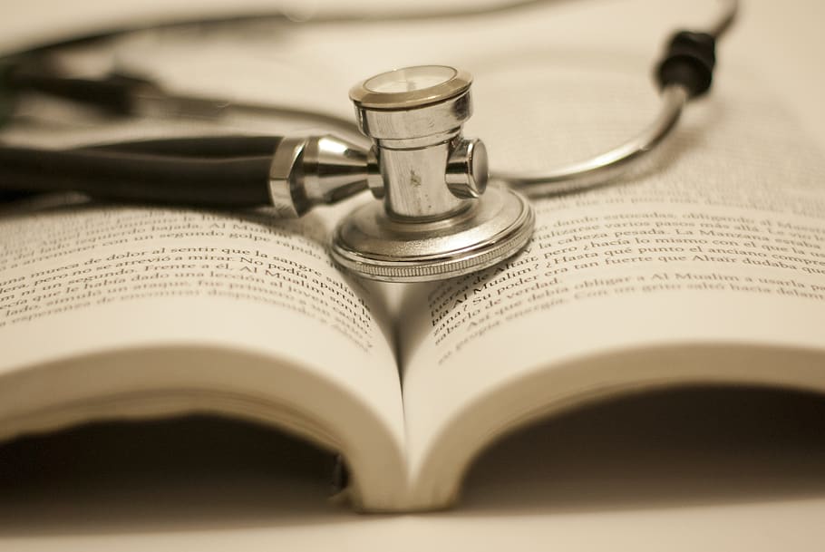 stethoscope, medicine, treatment, hospital, publication, book, paper, open, indoors, education