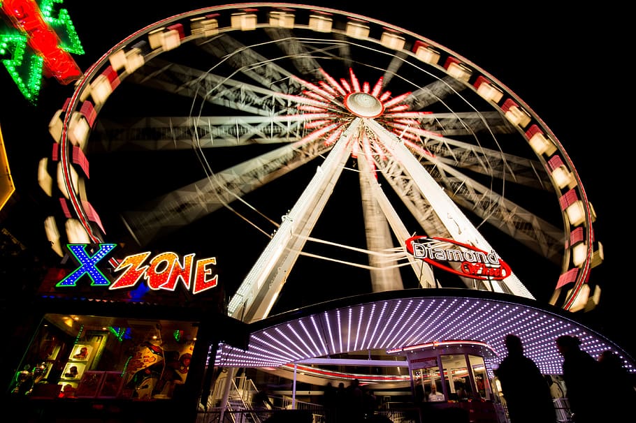 ferris wheel, amusement park, ride, fair, fun, entertainment, night, dark, people, lights