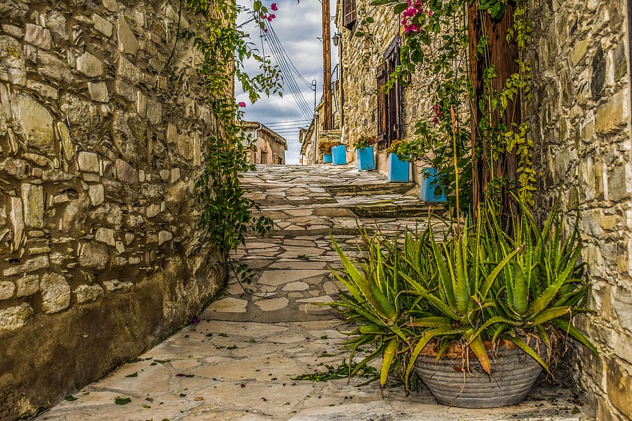 architecture, traditional, backstreet, houses, wall, stone, village, vavla, cyprus, travel