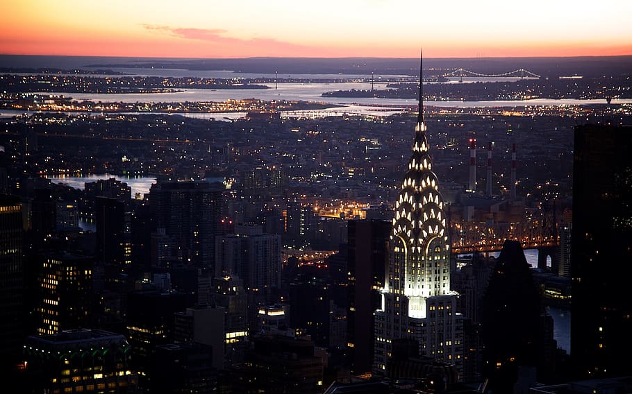 new york, manhattan, evening, dusk, sunset, night, chrysler, building, architecture, skyscraper