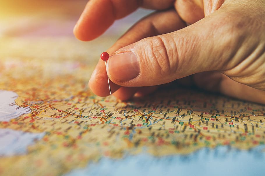 travel pin, various, map, maps, human hand, human body part, hand, one person, finger, close-up