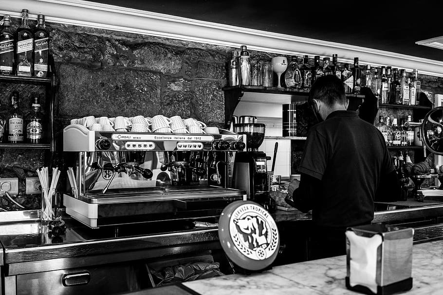 bar, espresso, cafe, coffee cup, coffee, drink, beverages, restaurant, barista, black and white