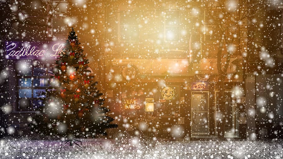 invierno, nieve, ciudad, navidad, árbol de navidad, fotomontaje, invernal, fantasía, temperatura fría, nevando