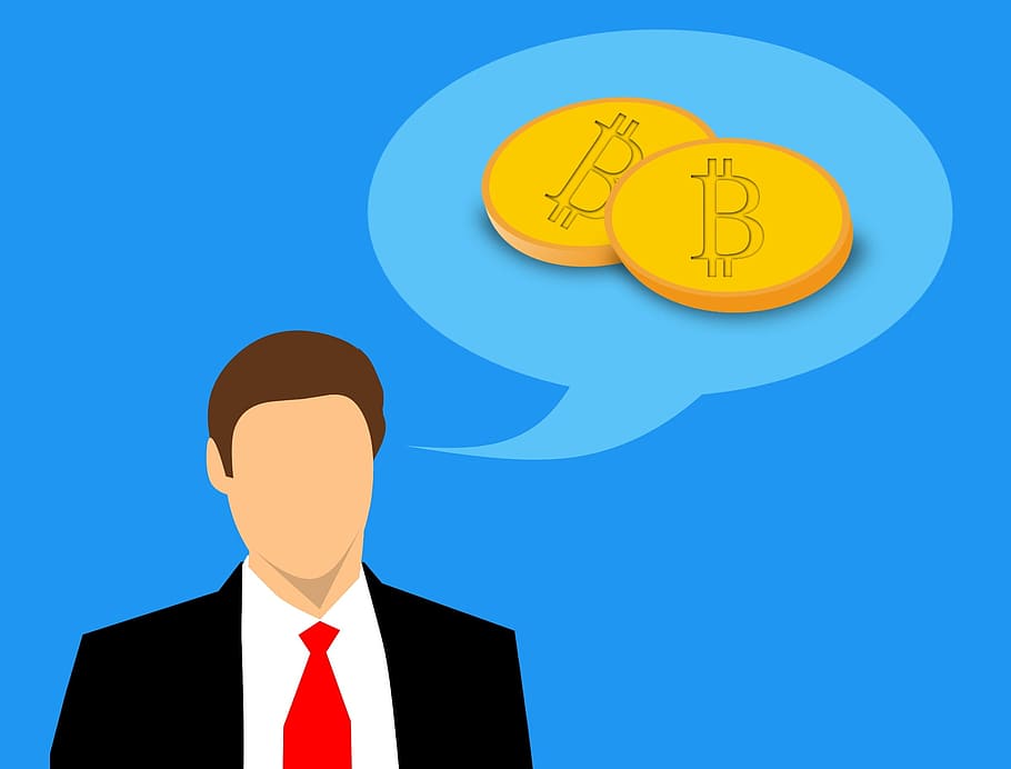 ilustração, empresário, pensando, conversando, bitcoin cryptocurrency, cryptocurrency., bitcoin, investimento, negócios, dinheiro