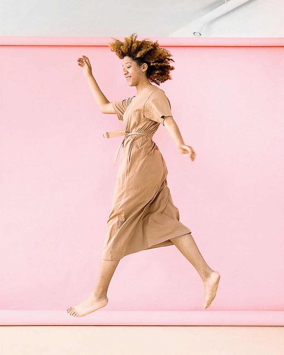 woman, jumping, pink, background, hair, dress, bare feet, people, girl pretty, female