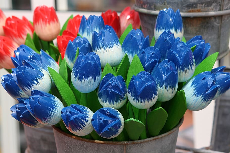 tulipanes, tulipanes de madera, decoración, rojo, azul, mano de obra, colorido, flores, flores de madera, deco