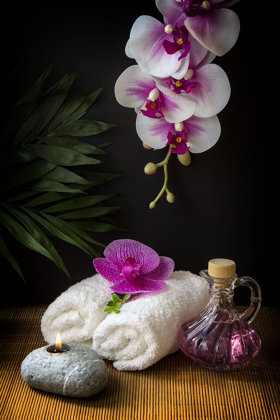 wellness, carafe, towels, white, rolled, candle, light, stone, black, orchid