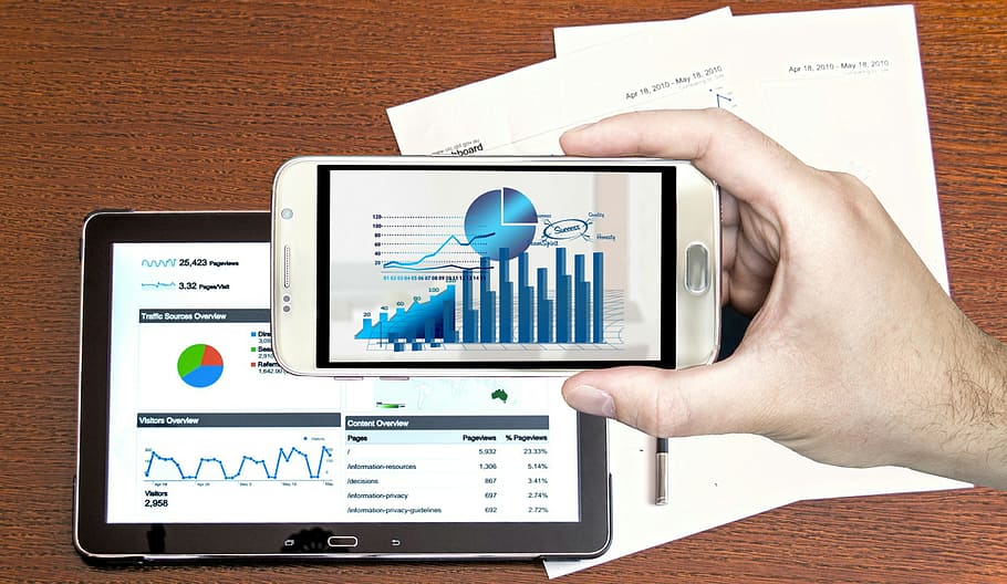 photo illustration, hand, holding, mobile, device, displaying, business charts, graphs., analytics, performance.