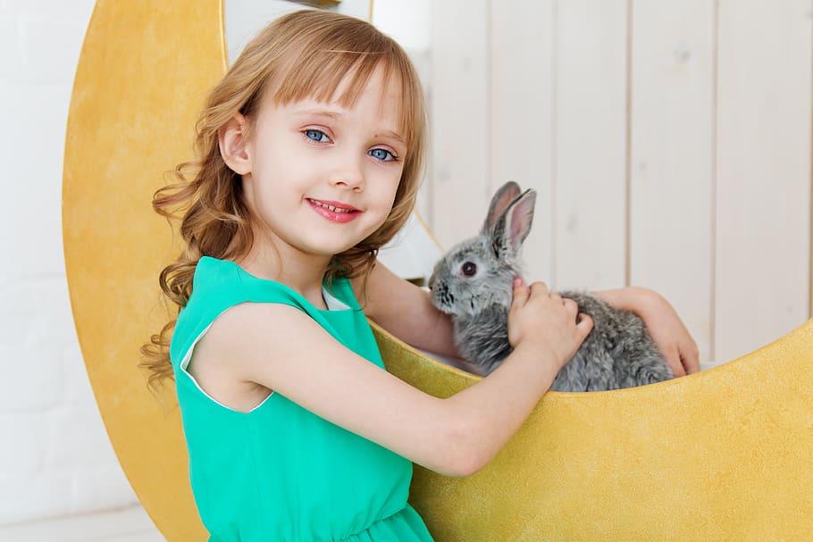 rabbit, hare, baby, girl, studio, toy, beautiful, cute, kids, flowers