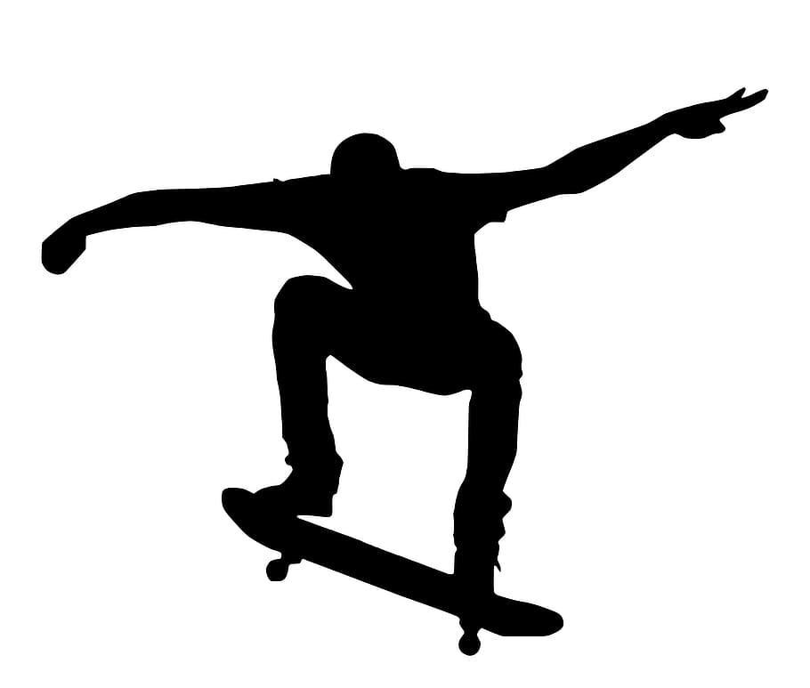 skatista, no ar, -, silhueta., skate, silhueta, esporte, comprimento total, saltando, homem