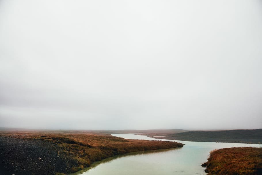 panoramic, view, gray, cloudy, sky, fall field, river stream, clouds, fall, fog