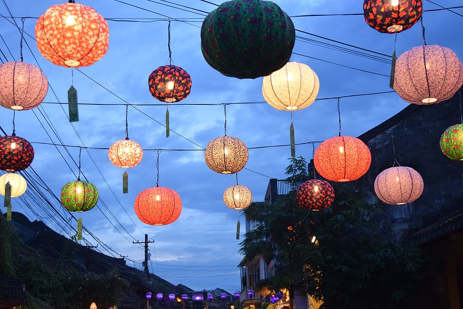 the lantern, the ancient town, hoi an, lighting equipment, lantern, hanging, decoration, illuminated, chinese lantern, low angle view