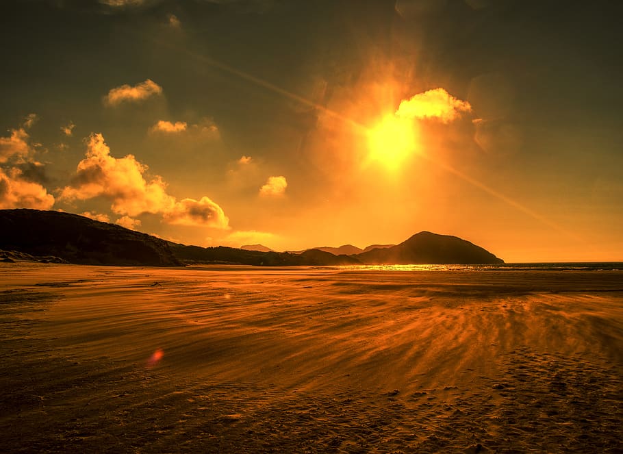 beach, red, hot, heat, extreme, desert, sand, orange, sun, horizon