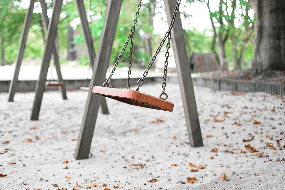 empty, swing, park, play, playground, childhood, outdoor, depopulation, migration, tree