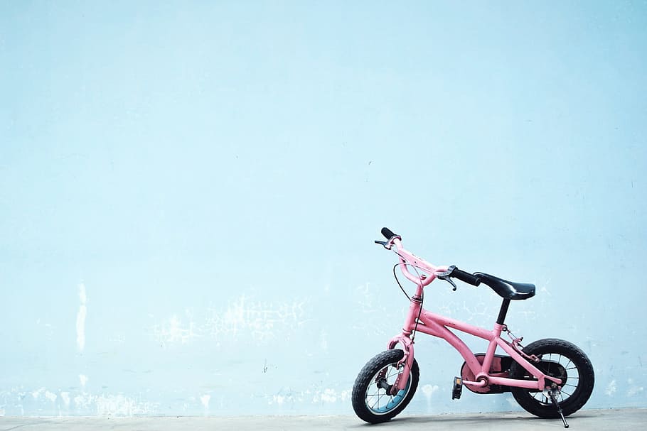 mínimo, parede, azul, bicicleta, criança, menina, rosa, simples, transporte, modo de transporte