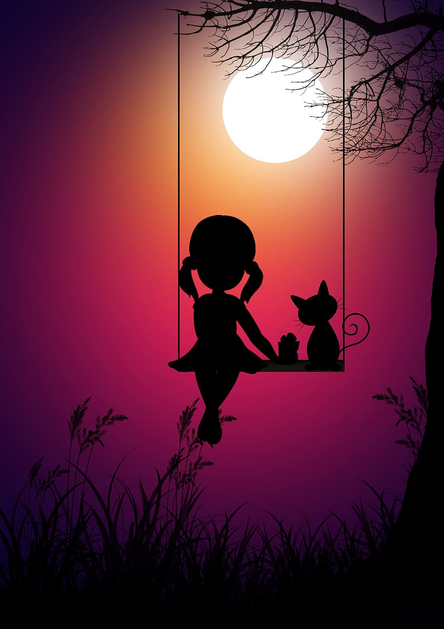 girl, moon, cat, sunset, sky, silhouette, orange color, nature, plant, real people