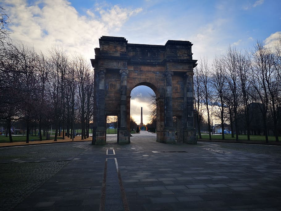 glasgow, glasgow green, sunrise, winter, tree without leaves, arch, architecture, sky, cloud - sky, built structure