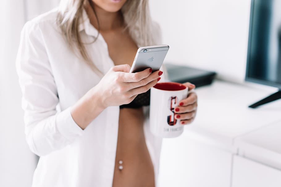 woman, working, iphone, home, beauty, bedroom, body, business, coffee, coffee cup