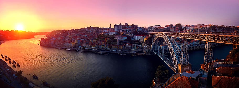 porto, -, portugal, velho, cidade, pôr do sol, rio douro, ponte luis i, ribeira, caves do vinho do porto