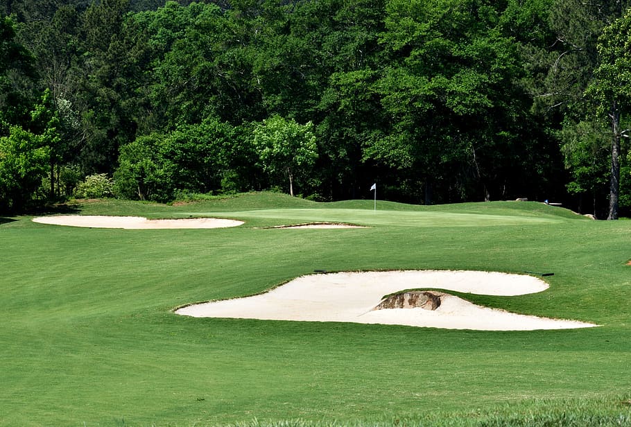 golf course, sand trap, outdoors, landscape, golf, sand, course, green, trap, grass