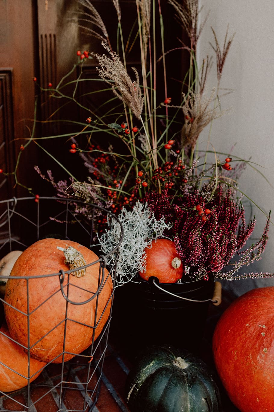 calabazas, flores, decoración, escaleras, calabaza, otoño, halloween, cesta, comida y bebida, comida