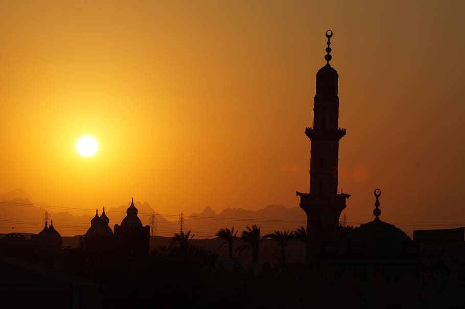 sunset, egypt, landscape, thousand and one nights, oriental, sky, orange color, built structure, architecture, silhouette