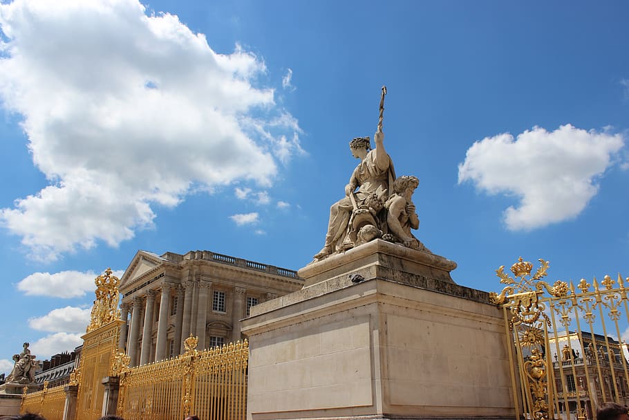versailles, france, architecture, palace, statue, sky, cloud - sky, sculpture, travel destinations, low angle view