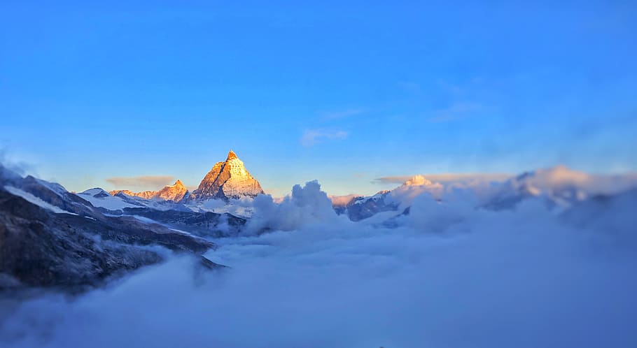 Matterhorn, awan, langit, alam, pemandangan, puncak, matahari terbenam, indah, pegunungan, biru