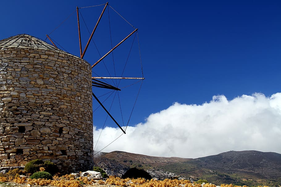 greece, naxos, cyclades, windmill, hellas, mountains, wind, mill, sky, fuel and power generation