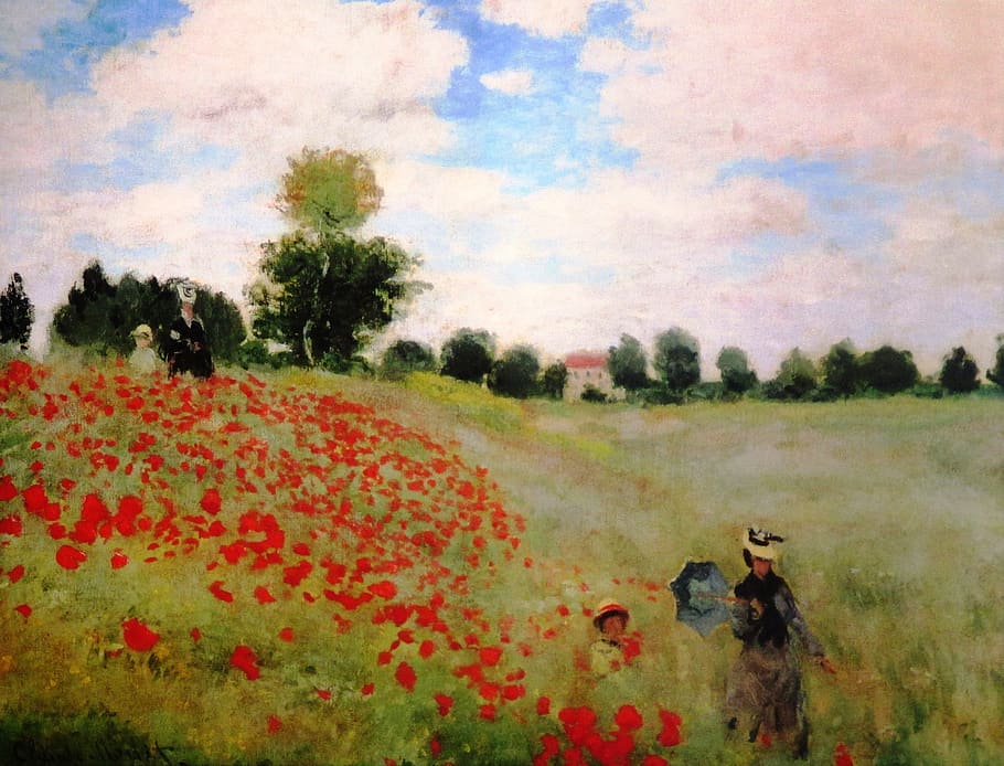 painting, claude monet, klatschmohn, argenteuil, oil on canvas, field of poppies, still life, musée d'orsay, plant, tree