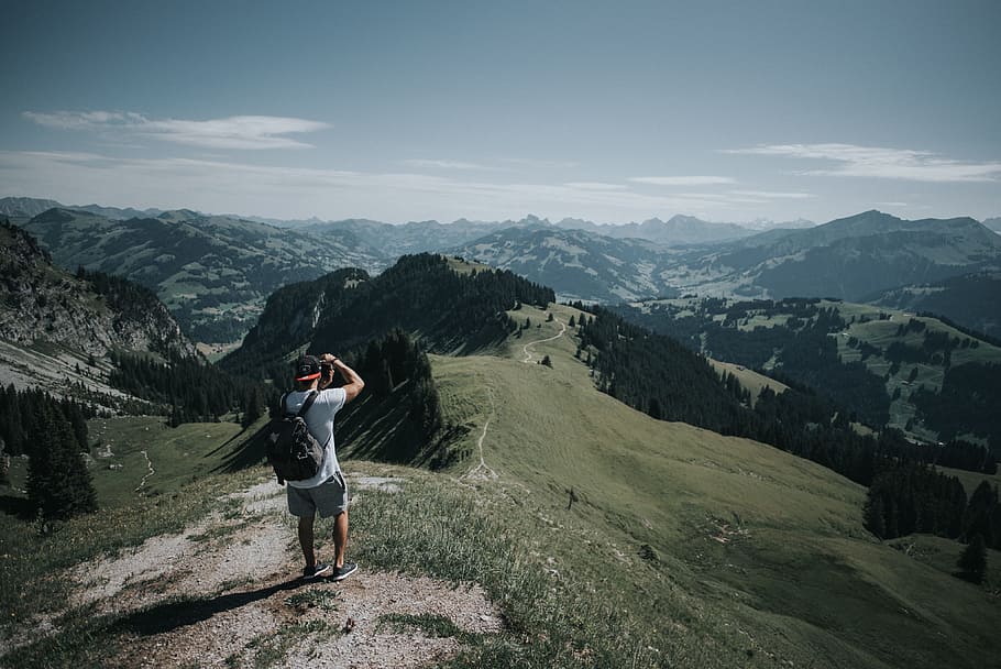 hiking, swiss alps, backpacking, mountain, landscape, hills, guy, man, backpack, nature