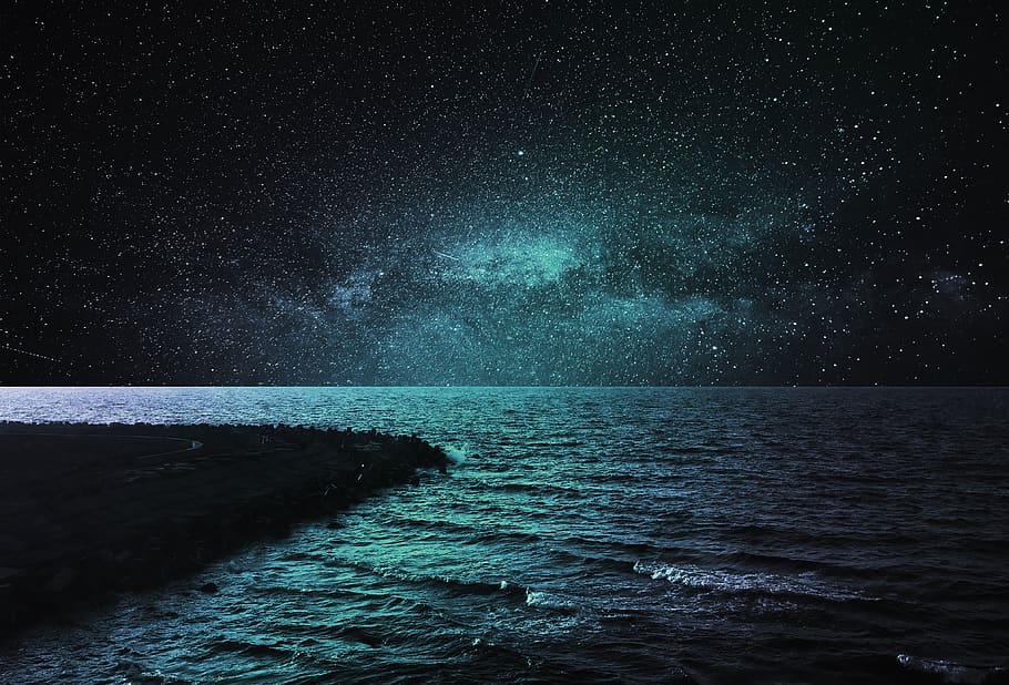 mar, agua, azul, galaxia, estrellas, noche, bastante, magia, aire, océano