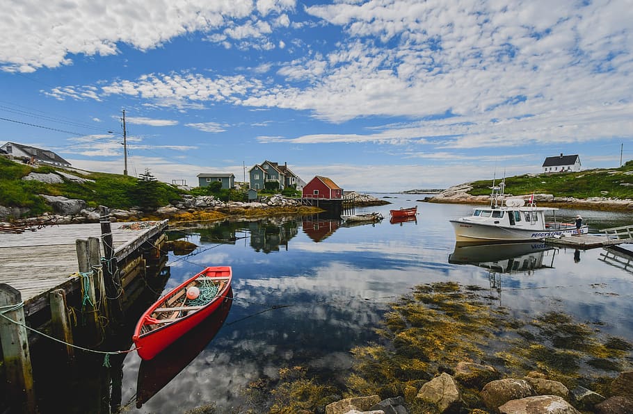 port, boat, pontoon, houses, color, clouds, reflection, peggy's cove, new scotland, canada