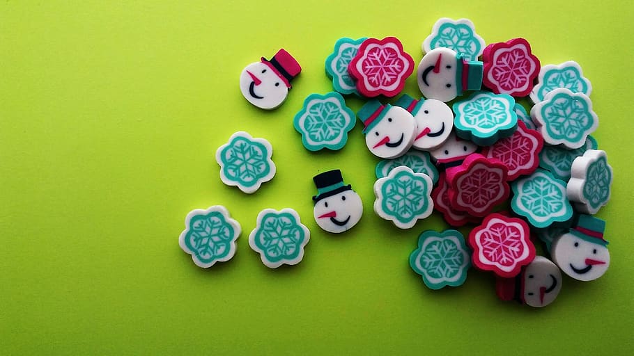 christmas, snowman, snowflakes, erasers, bright, green, pink, turquoise, winter, festive