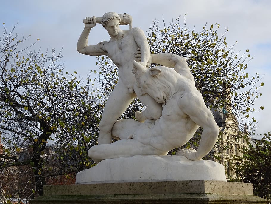 statue, sculpture, pierre, monument, mythology, man, minotaur, artwork, public garden, paris