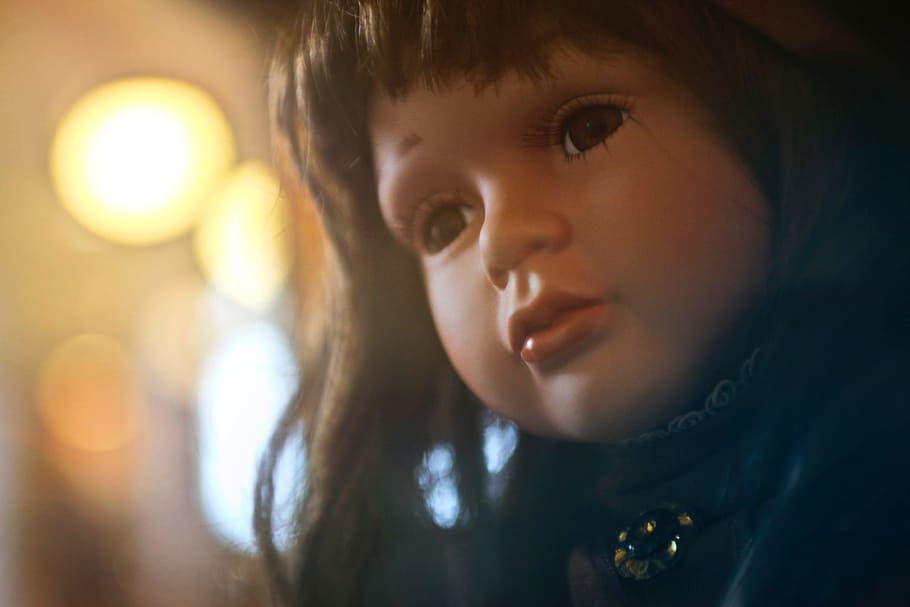 preto, boneca de cabelo, criança, efeito bokeh, arte, bebê, boneca, vestido, figura, feliz