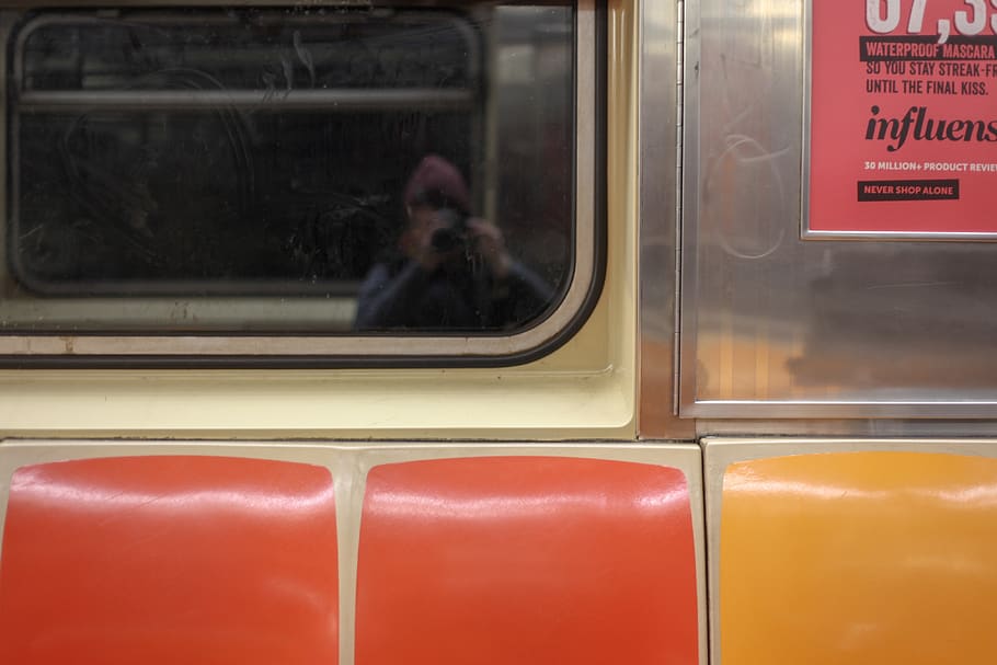 metro, nueva york, tubo, turista, reflexión, reflejo, ubahn, bahn, ventana, naranja