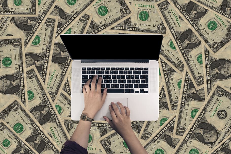 financiamento, negócios, dólar, mão, computador portátil, on-line, internet, presente, apresentação, finanças