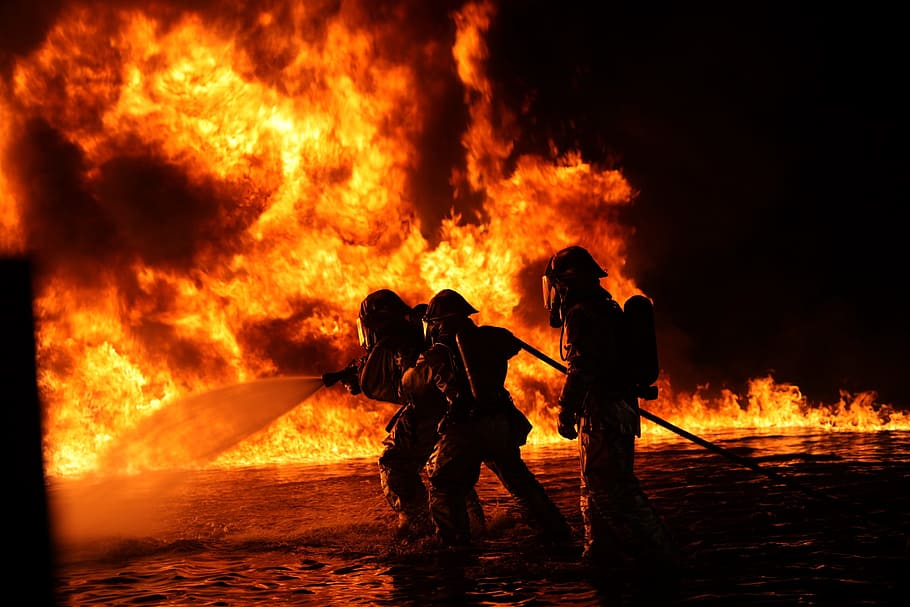 training, mask, firemen, firefighter, human, activity, job, work, burning, fire