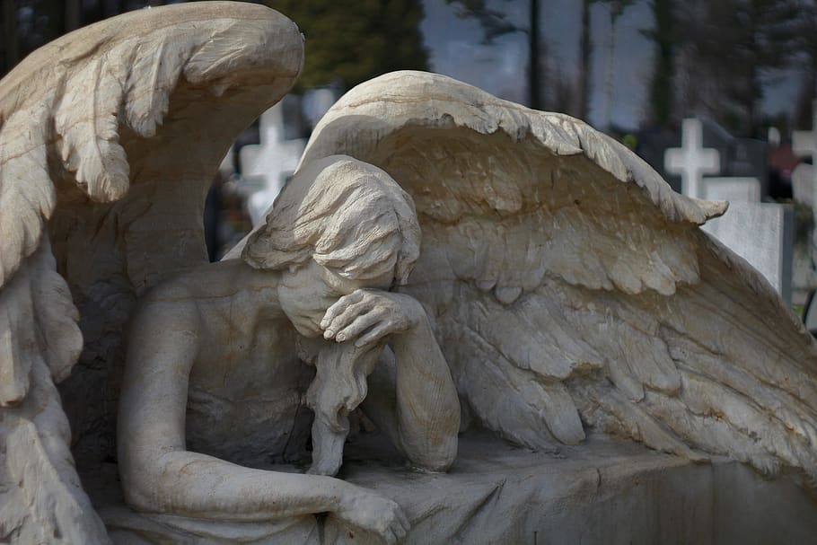 angel, sadness, death, cemetery, sculpture, bereavement, art and craft, statue, representation, human representation